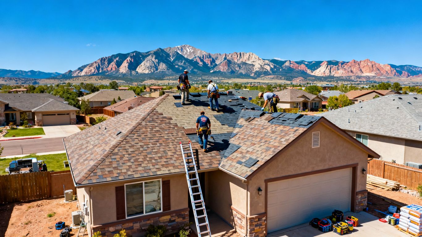 Roofers working on a house in Colorado Springs neighborhood