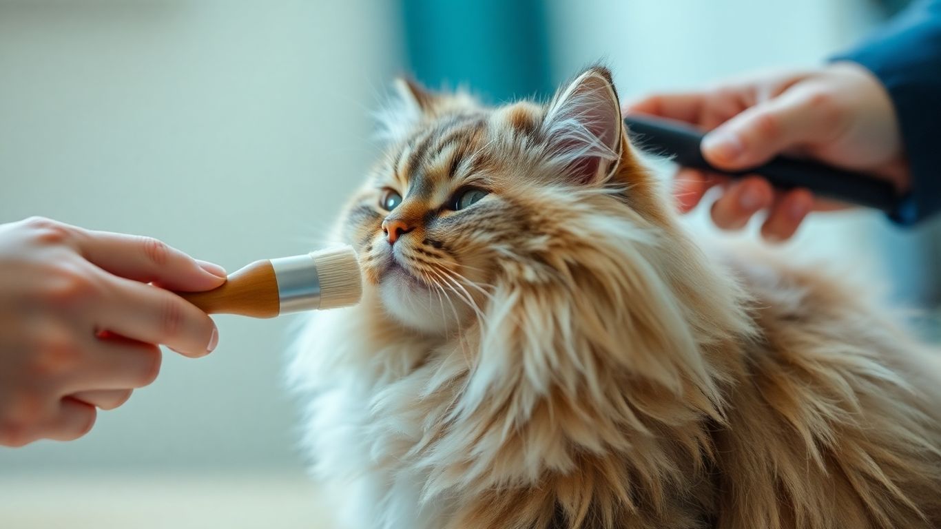 Cat being brushed with grooming tools.