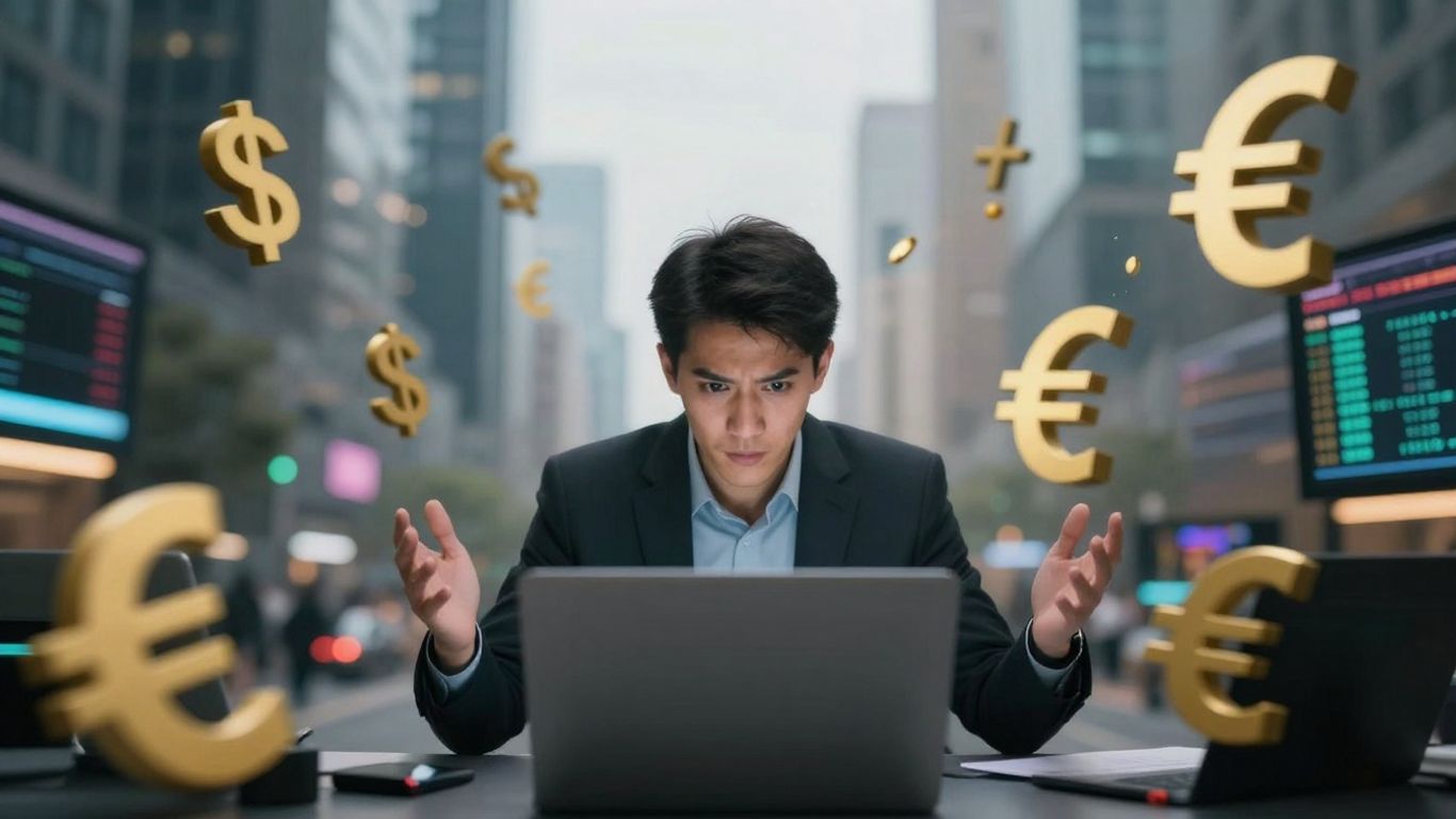 Forex trading with currency symbols and data flow.