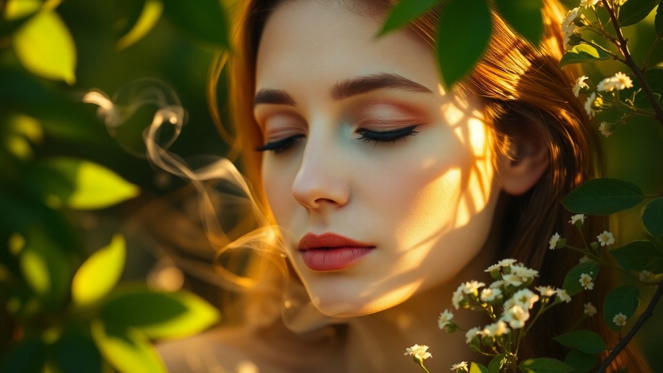Woman meditating in peaceful, natural setting.