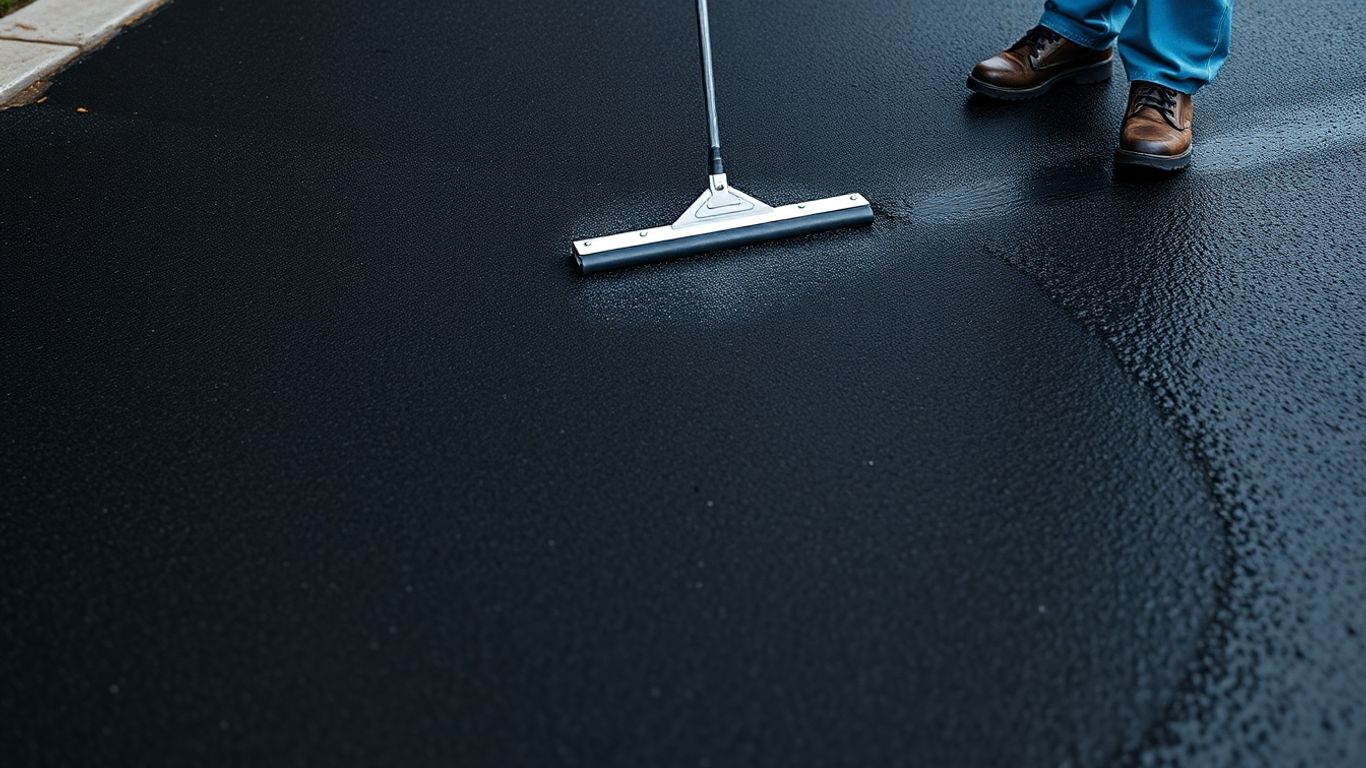Driveway sealing process with professional equipment.