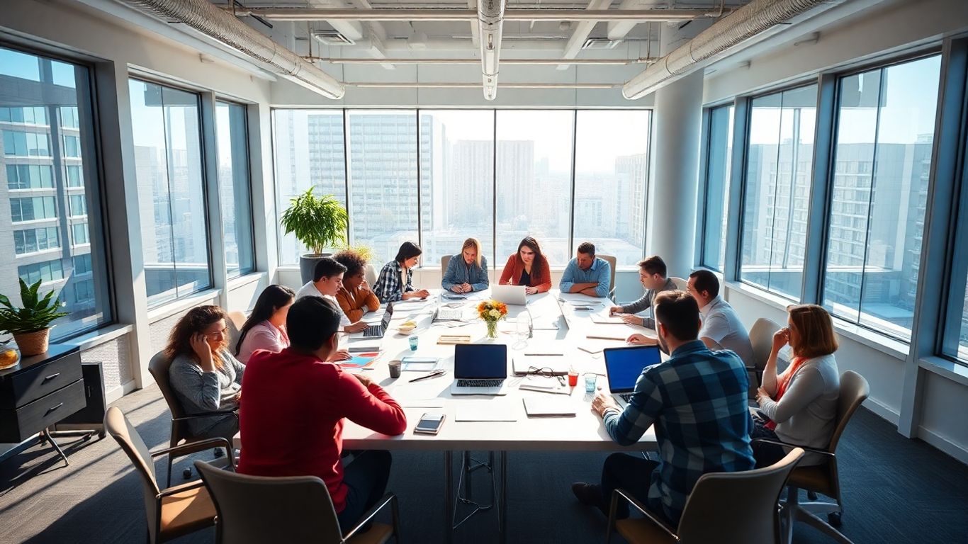 Orang-orang bekerja di kantor pemasaran digital modern.