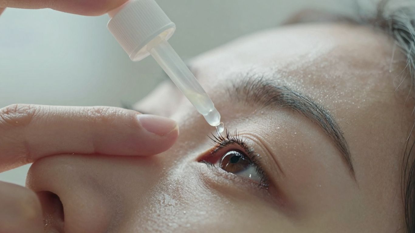 Person applying eye drops for dry eye relief.