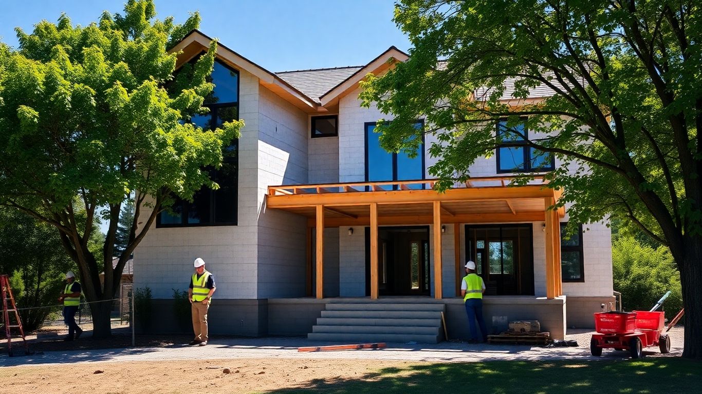 Construction workers building a modern home in Chastain Park.