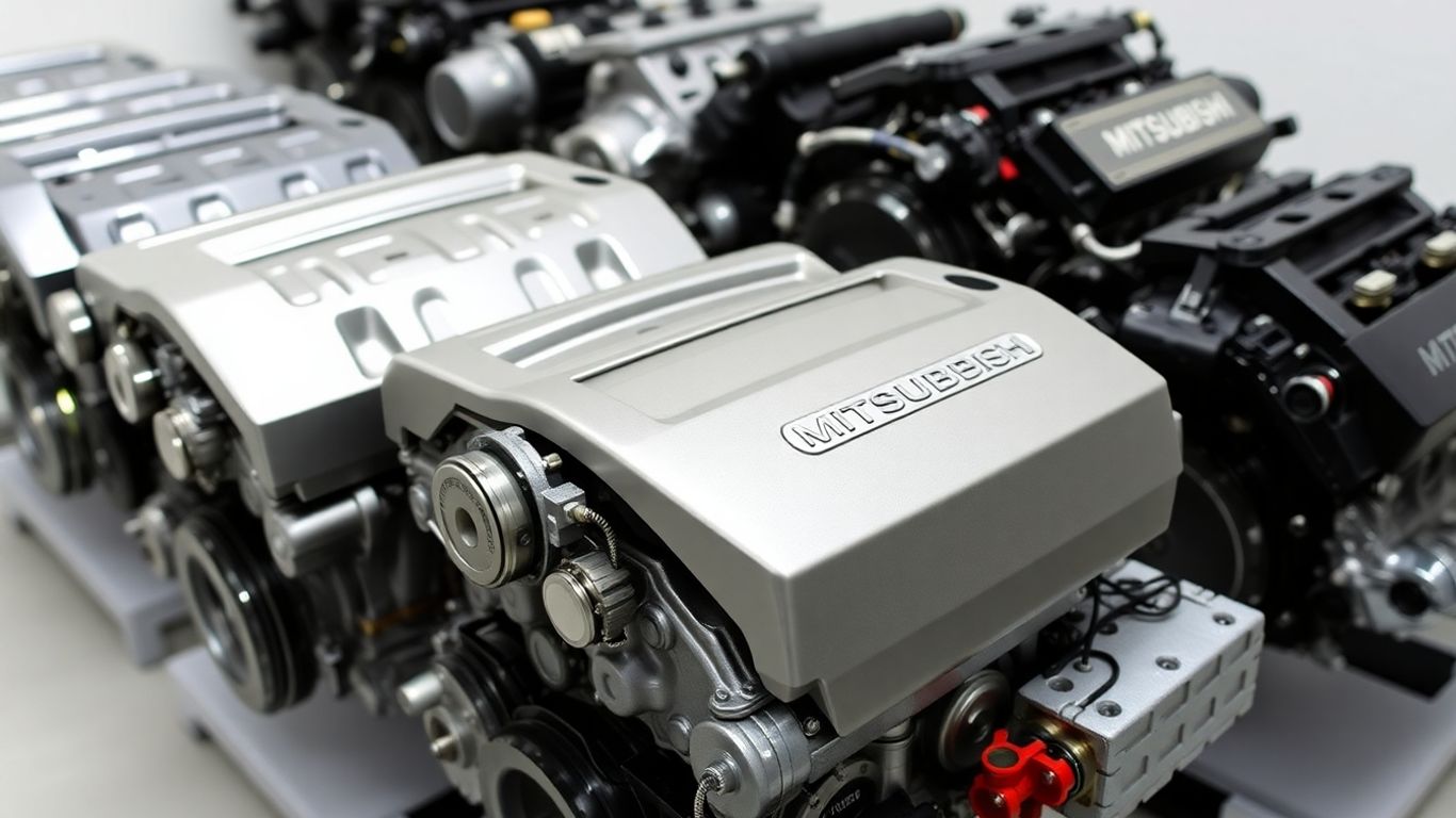 Various Mitsubishi engines displayed for sale.