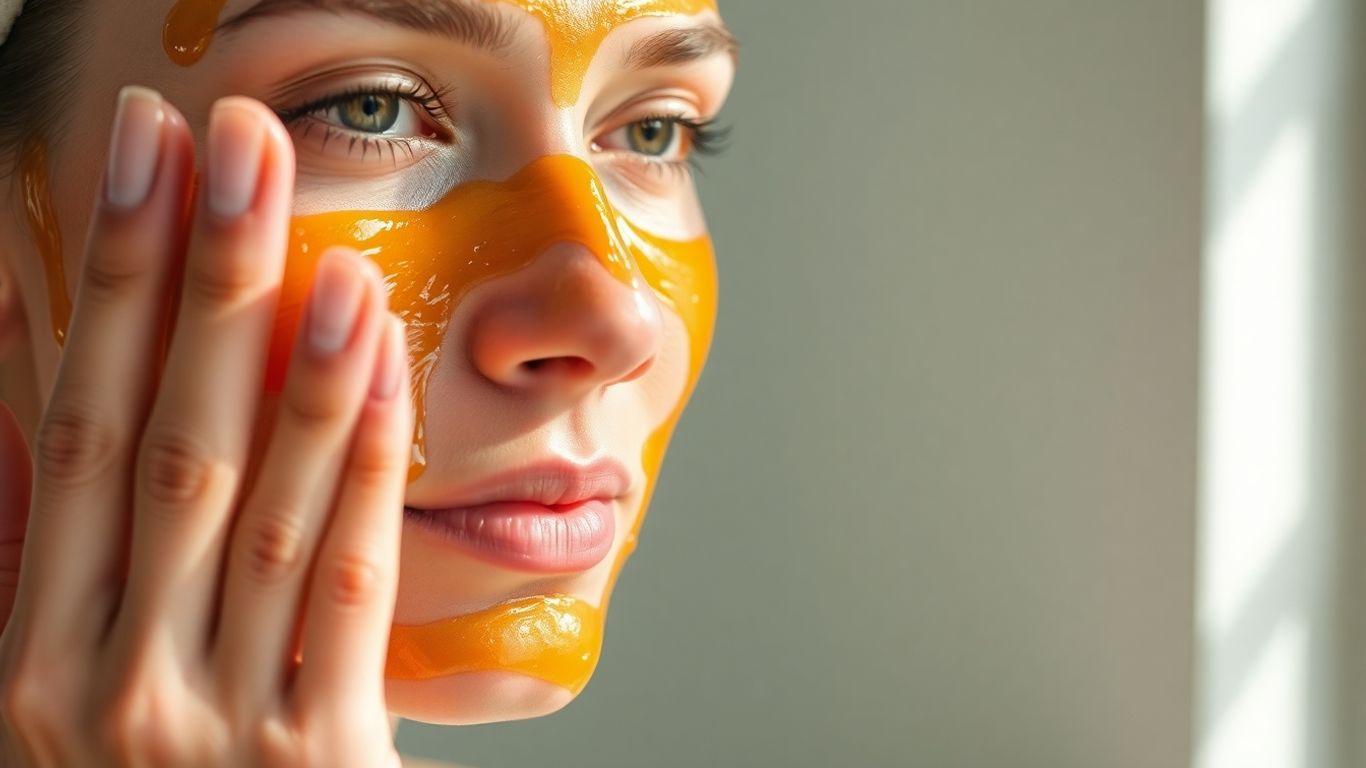 Woman applying honey mask for clear skin.
