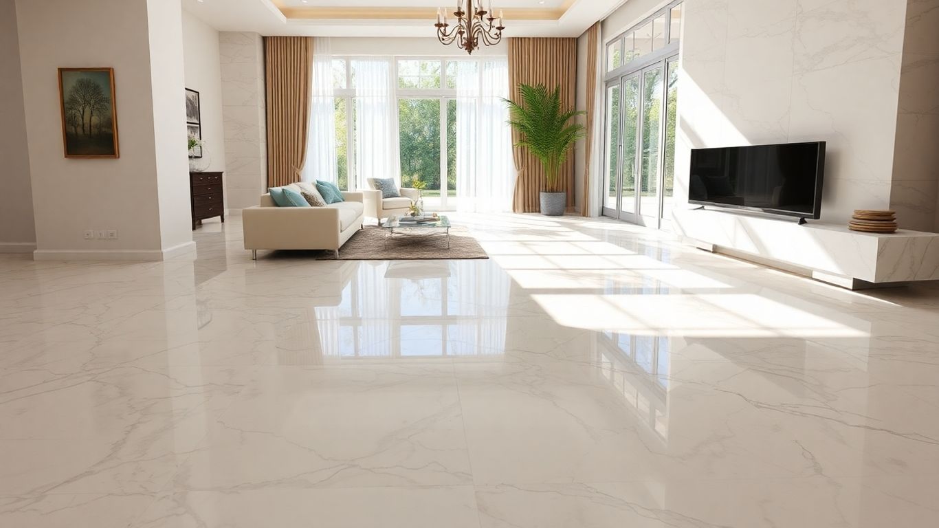 Elegant 24x24 marble floor tiles in a sunlit room.
