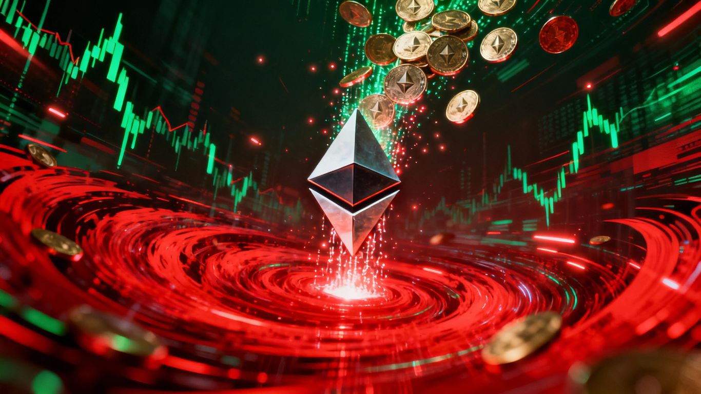 Ethereum logo with flowing coins and market volatility.