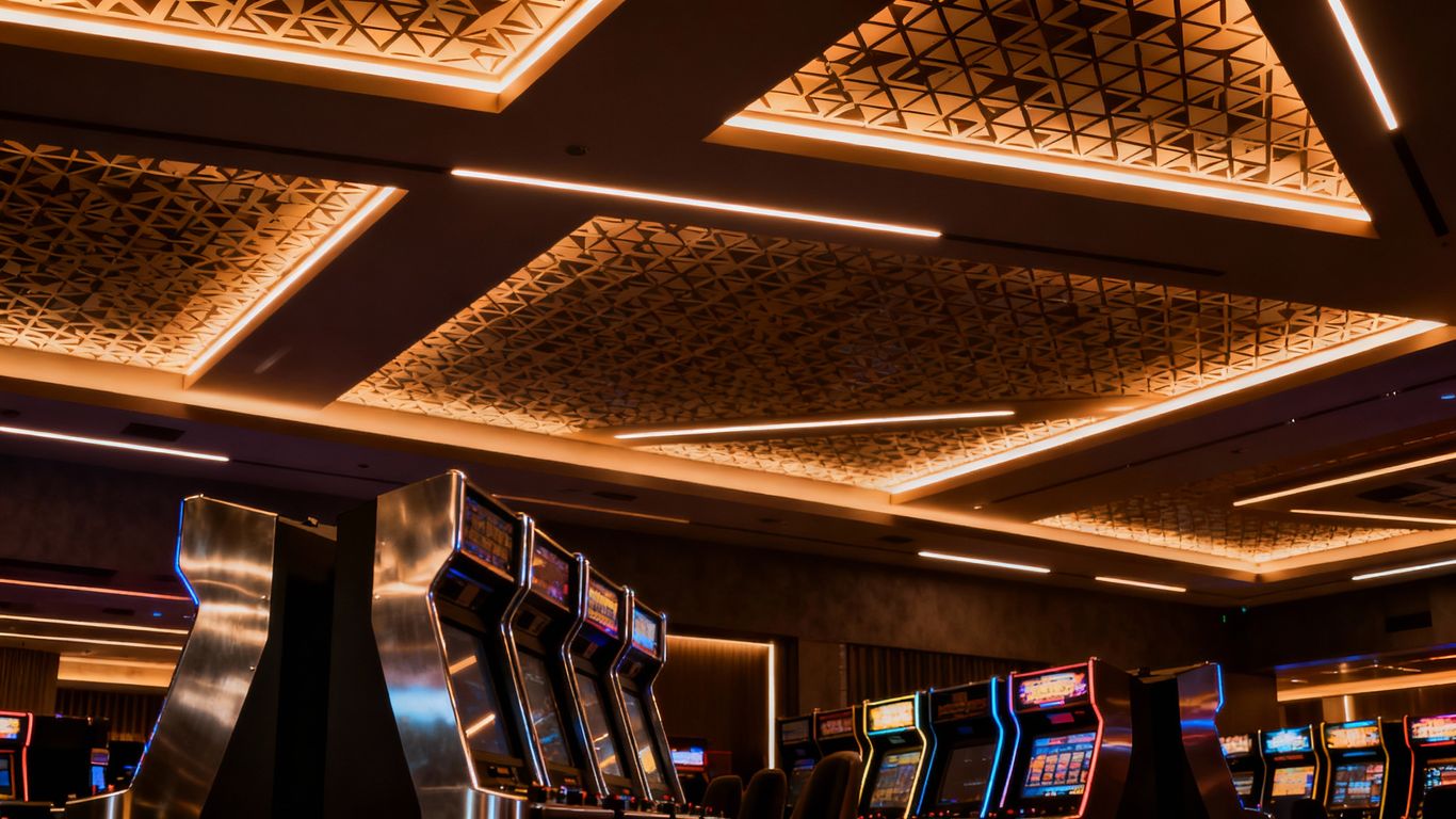 Overhead ceiling design above a gaming floor.