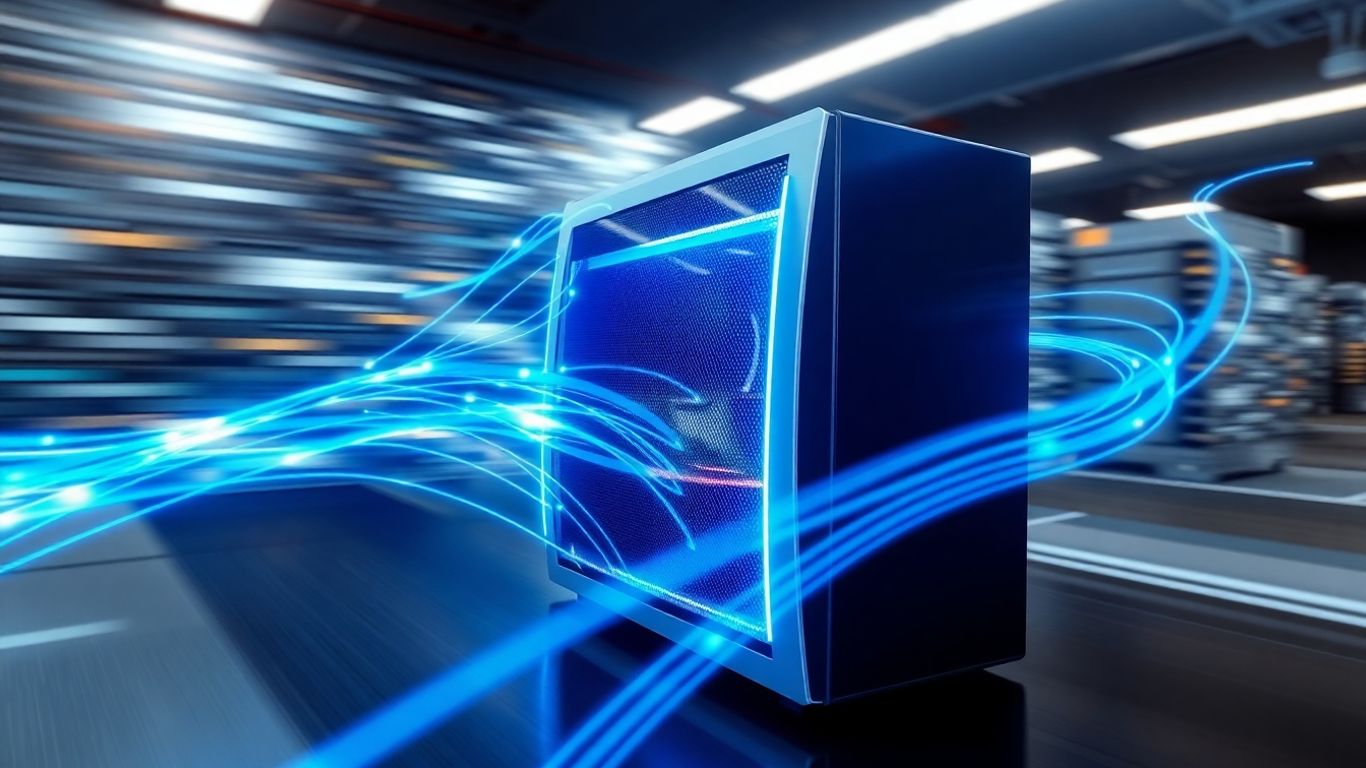 Computer server with glowing energy trails