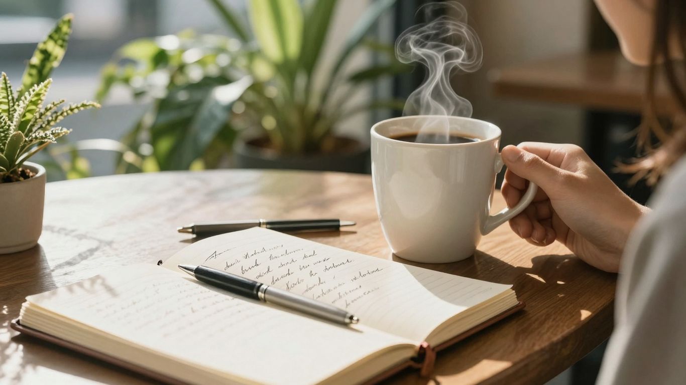 Person journaling in a sunlit cafe with coffee.