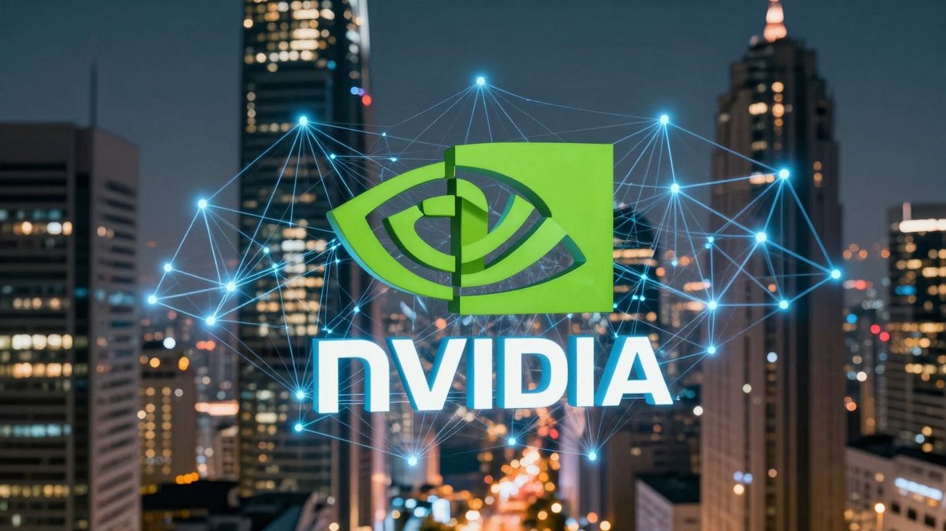 NVIDIA logo against a futuristic blockchain cityscape.