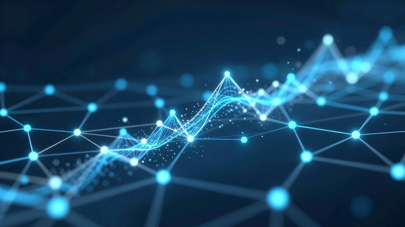 Digital landscape with interconnected nodes and pathways.