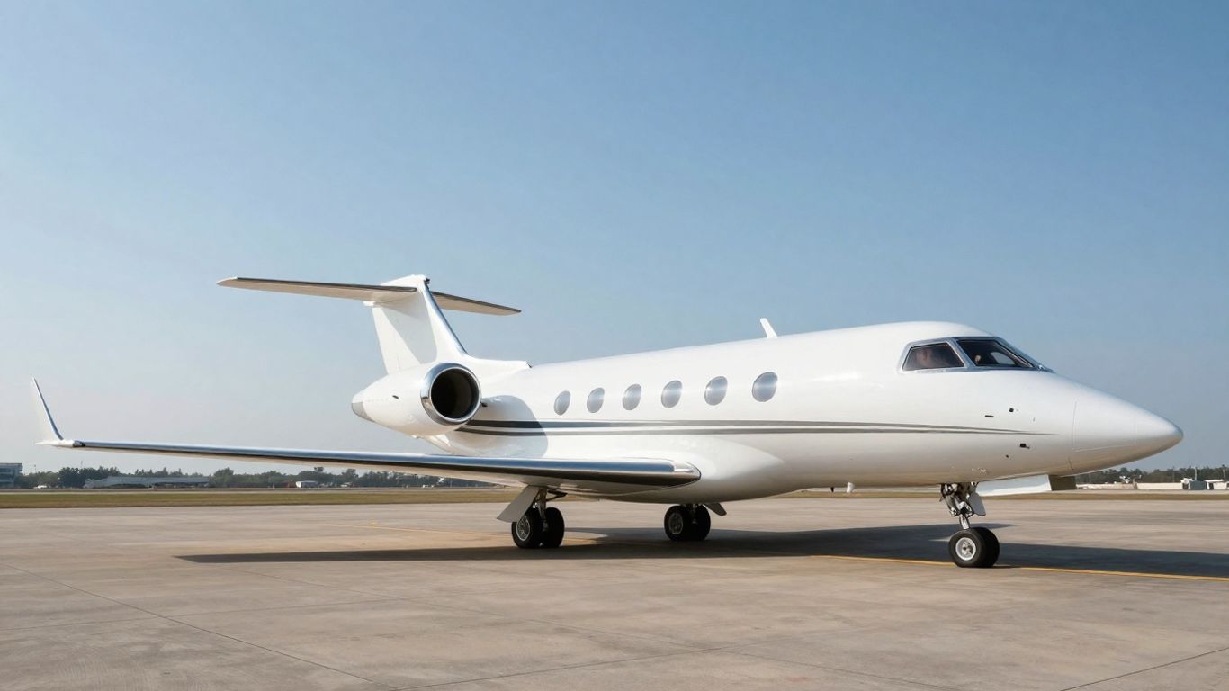 Sleek private jet on tarmac, ready for flight.