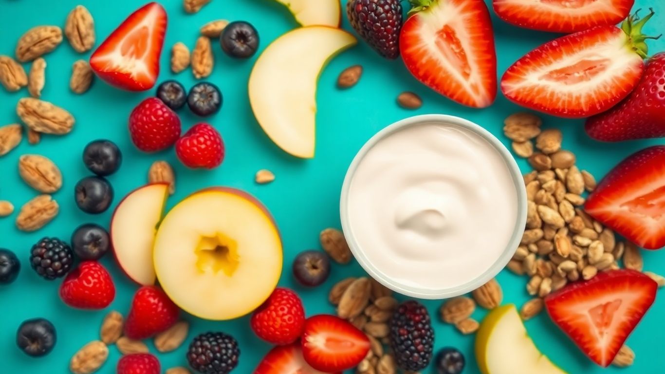 Healthy snacks: fruits, nuts, seeds, and yogurt.