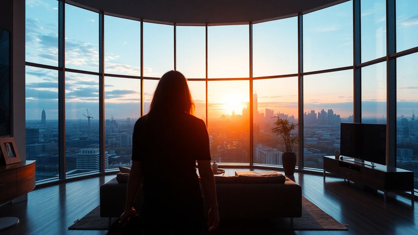 Persona mirando por la ventana de un piso moderno.