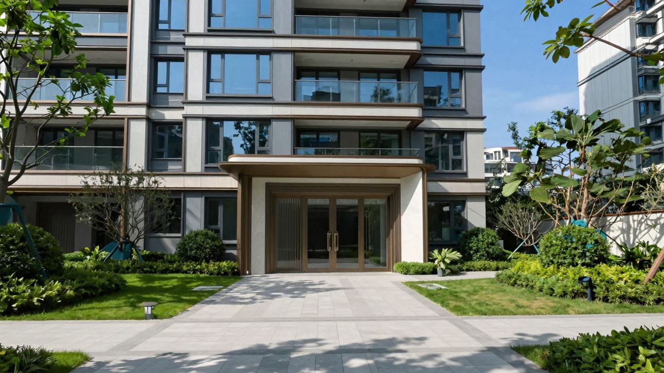 Modern Residential Building With Green Landscaping.