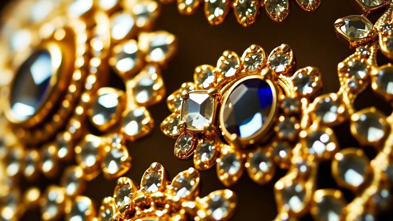 Intricate Kundan jewelry with sparkling gemstones and gold foil.