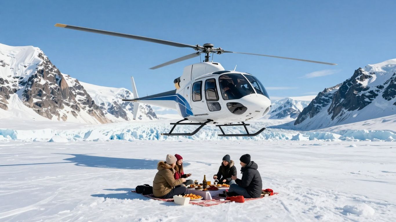 Helicopter picnic on an arctic glacier.