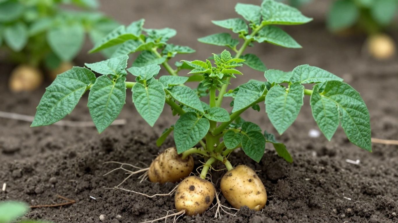 Aardappelplant met wortels en knollen in de aarde.