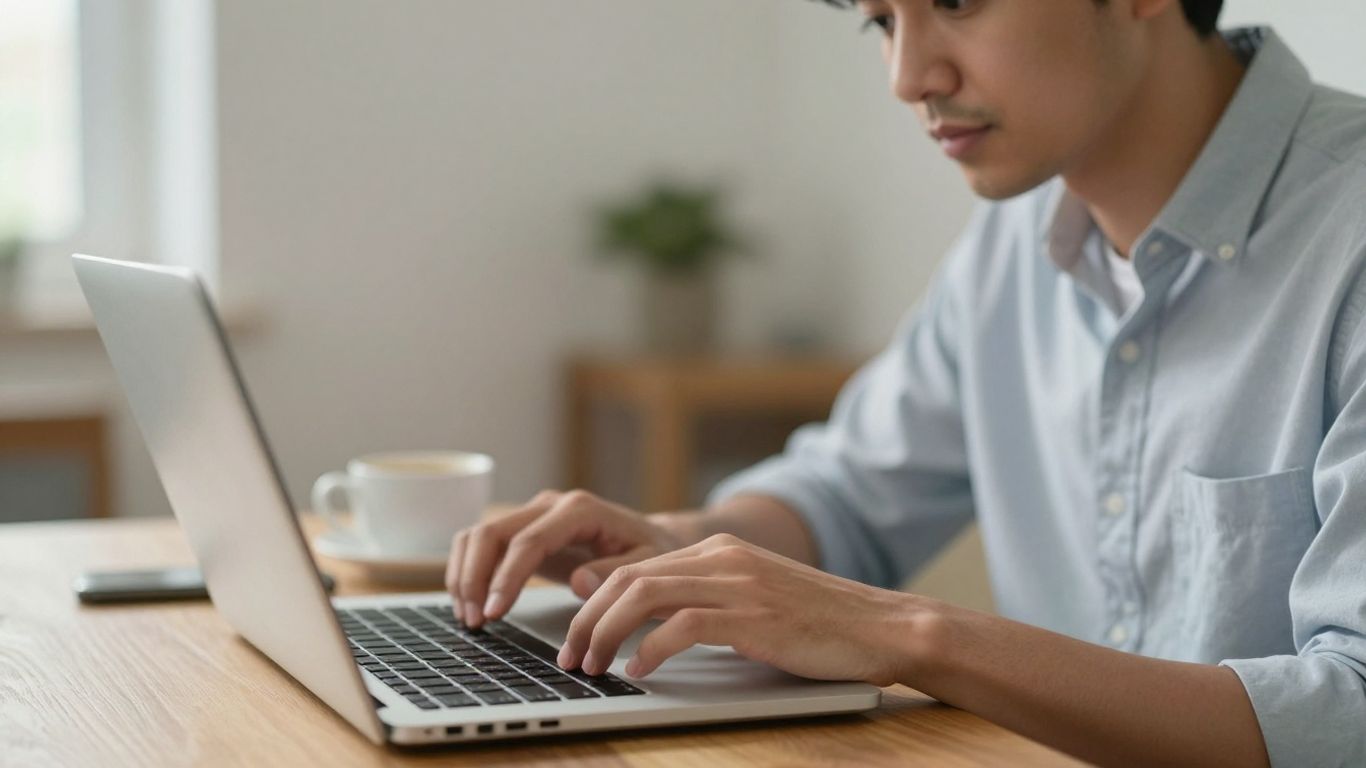 Personne réfléchissant devant un ordinateur portable pour choisir mots-clés