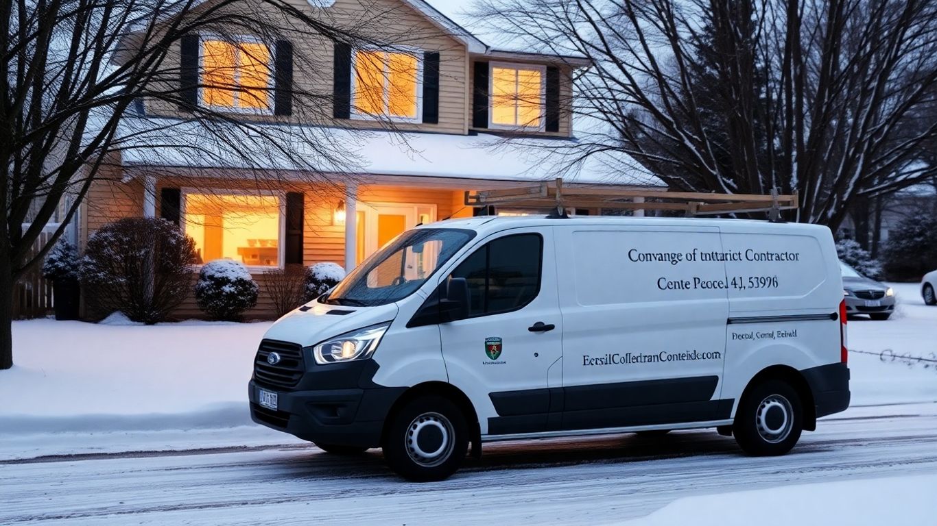 Contractor van in snowy driveway