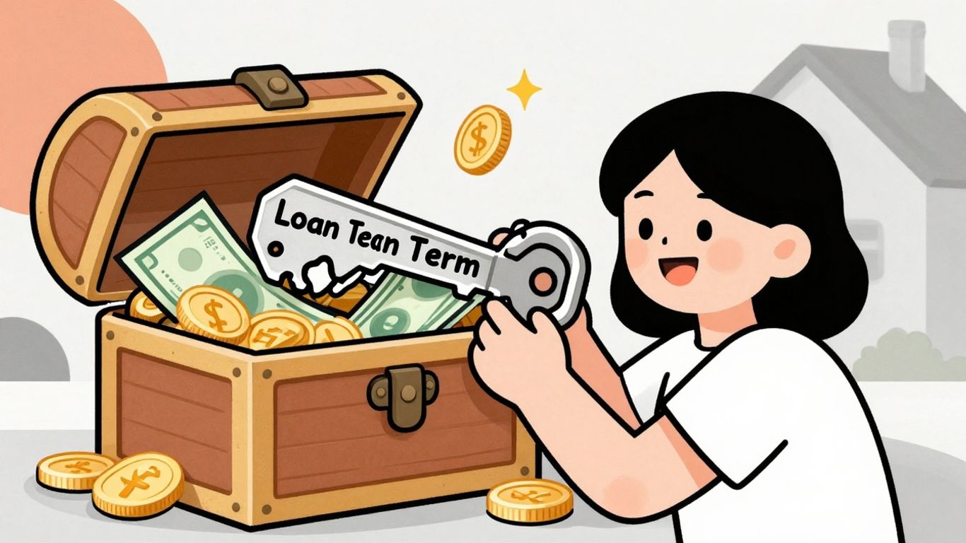 Cartoon key unlocking a treasure chest of money.