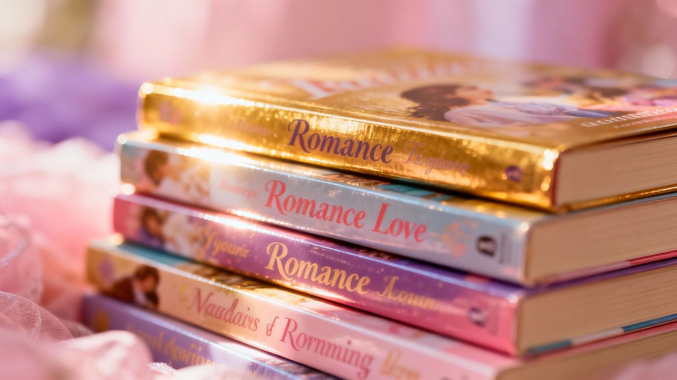 Stack of colorful teen romance novels with soft lighting.