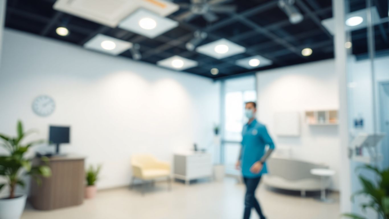 Modern clinic interior with soft lighting.