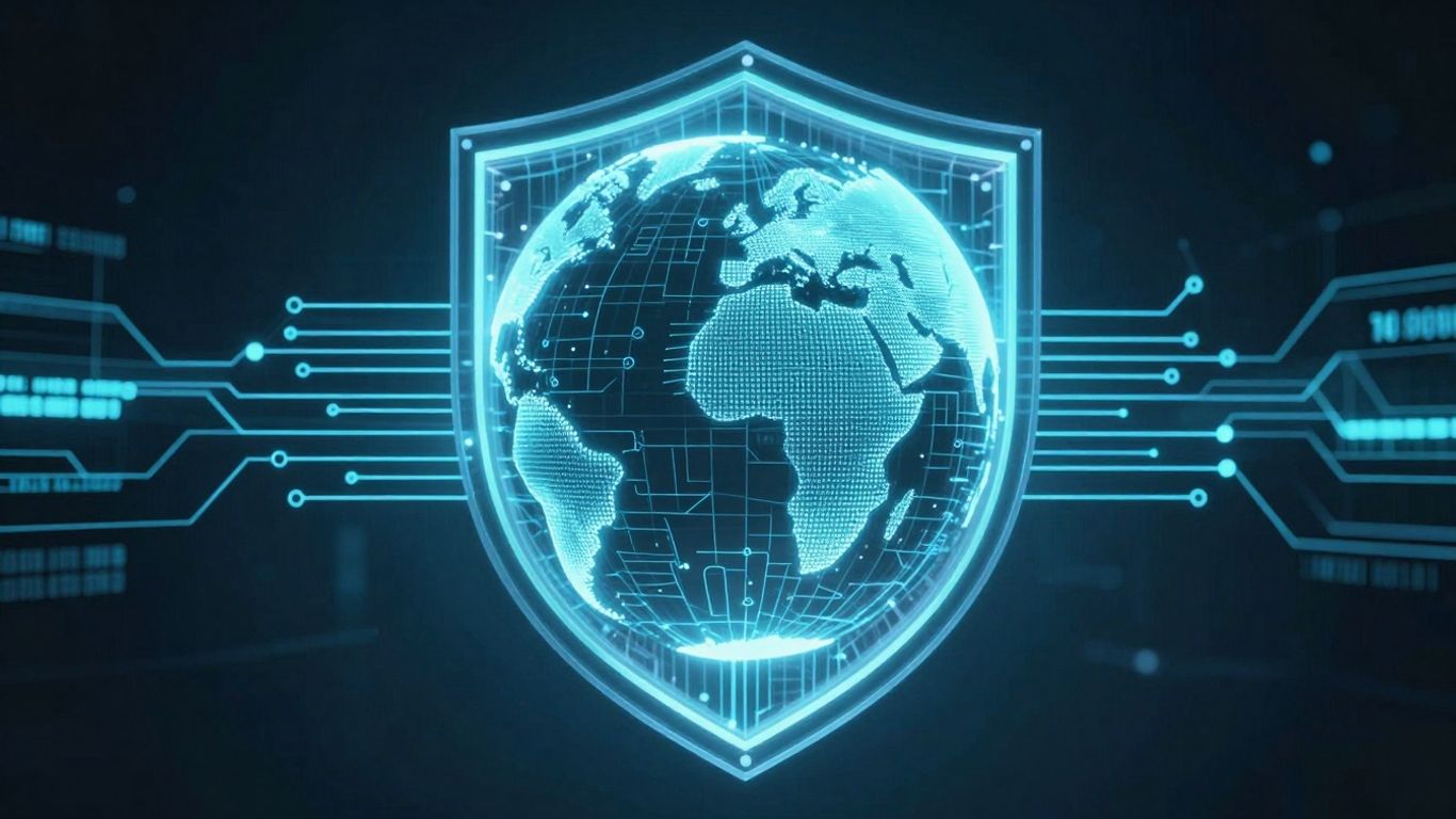 Digital shield protecting a globe with flowing code.