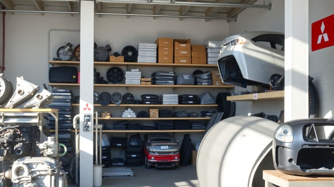Genuine Mitsubishi car parts in a workshop.