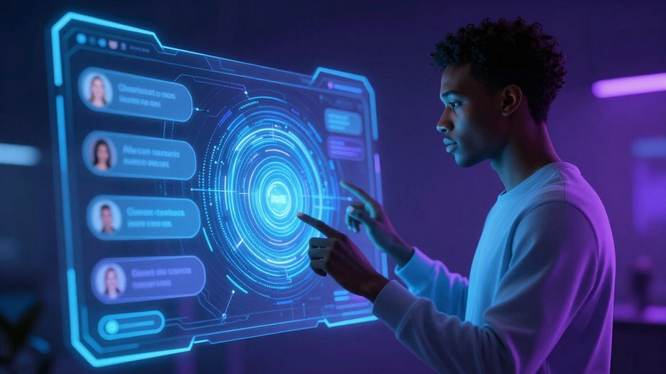 AI chatbot interface with human silhouette interacting.