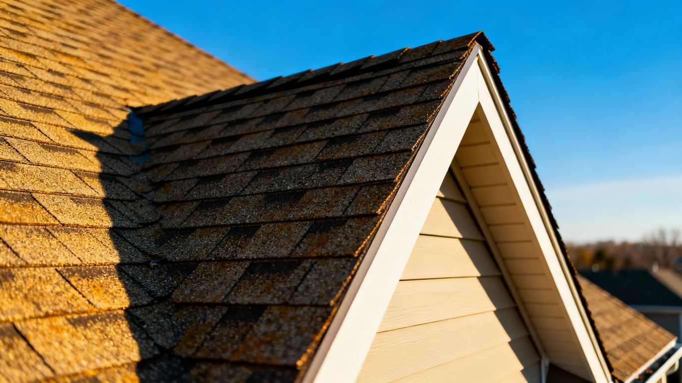 Columbus residential roof with blue sky.
