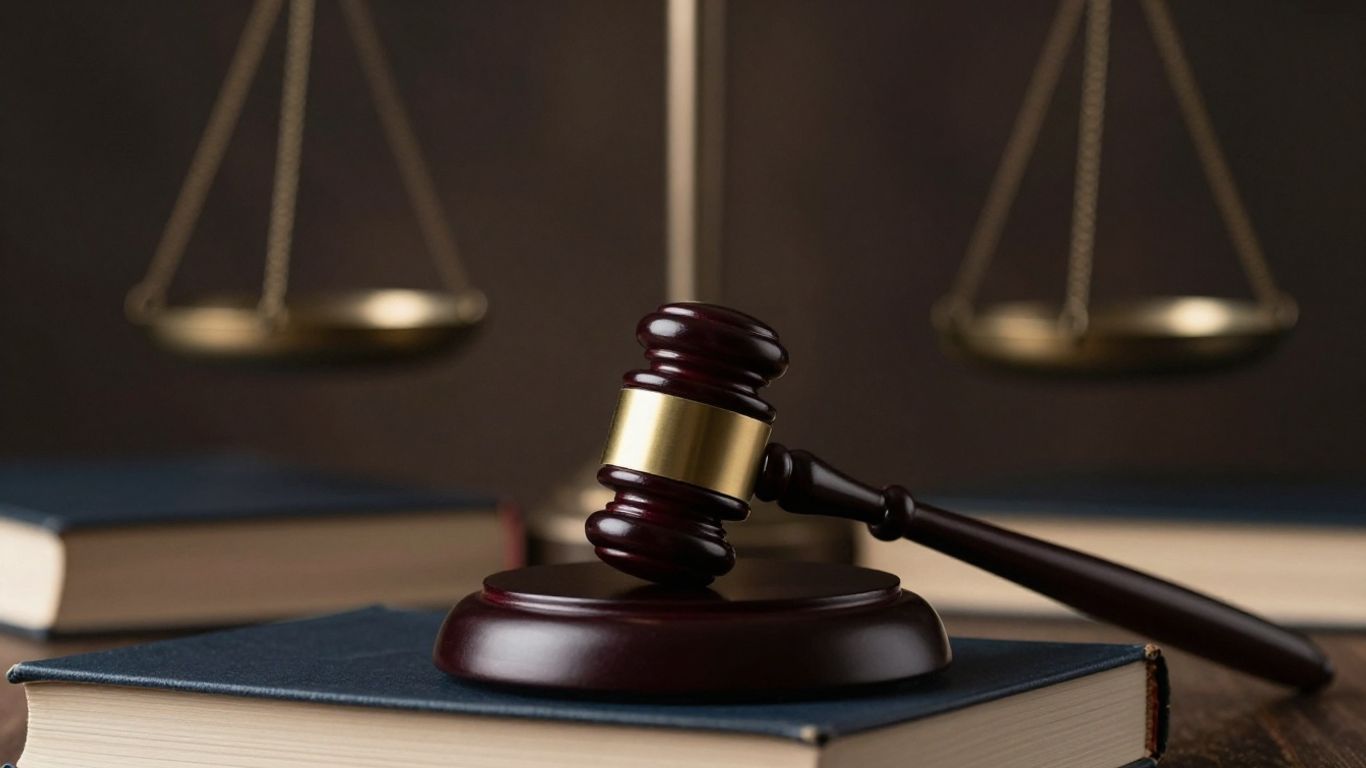 Gavel and scales of justice on legal books.