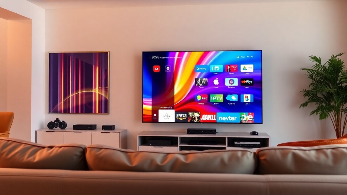 Modern living room with IPTV on TV screen.