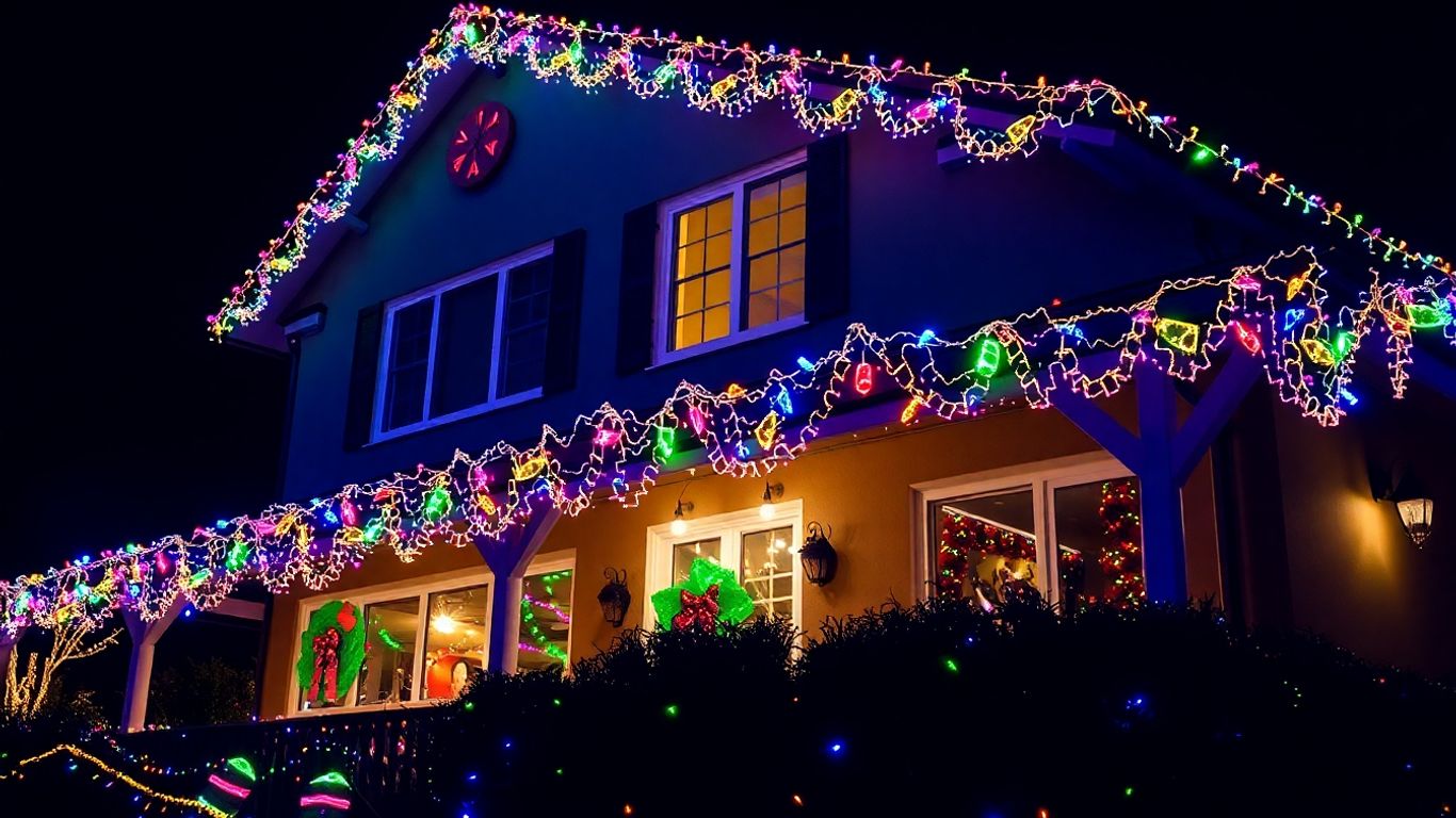 House decorated with bright Christmas lights at night.