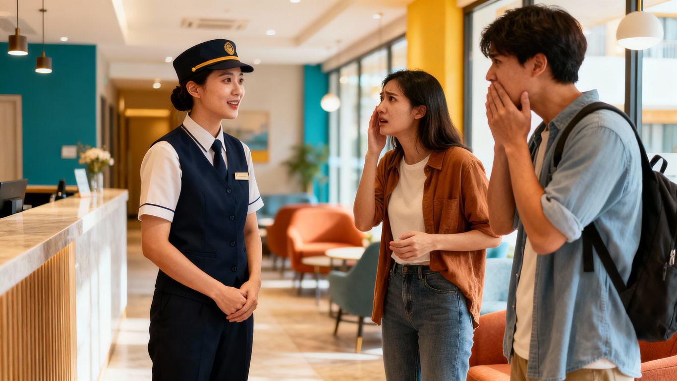 Hostel concierge calming an argument between guests.