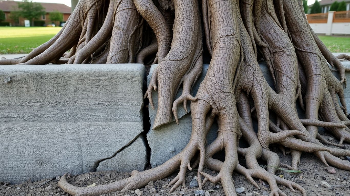 Tree roots cracking a concrete foundation