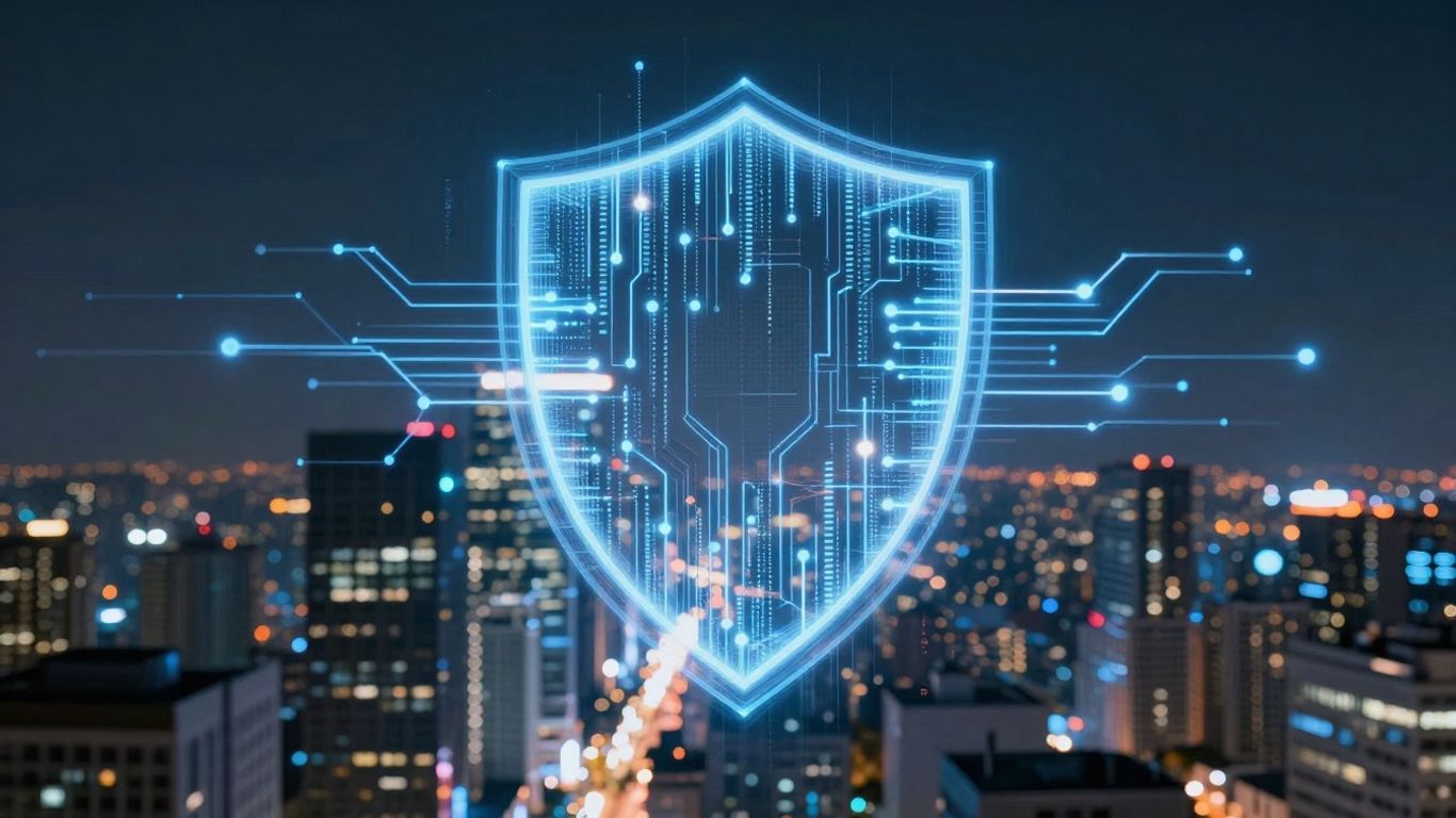 Futuristic city with digital shield protecting it.