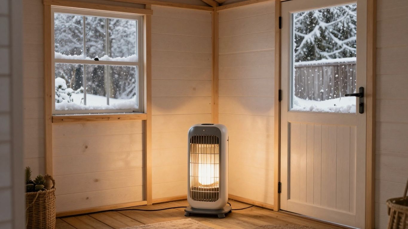 Cozy, well-lit backyard shed interior with a heater.