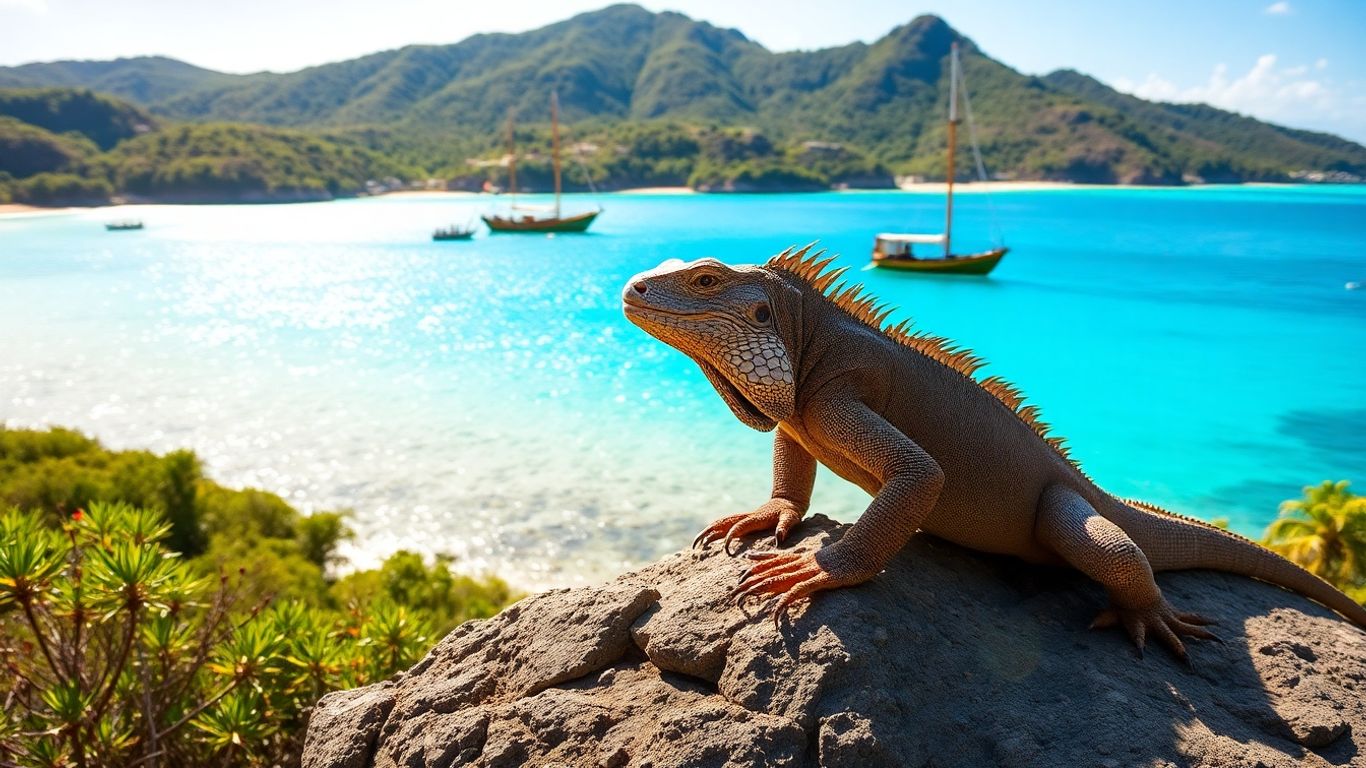 Komodo dragon near Labuan Bajo waters with boat.