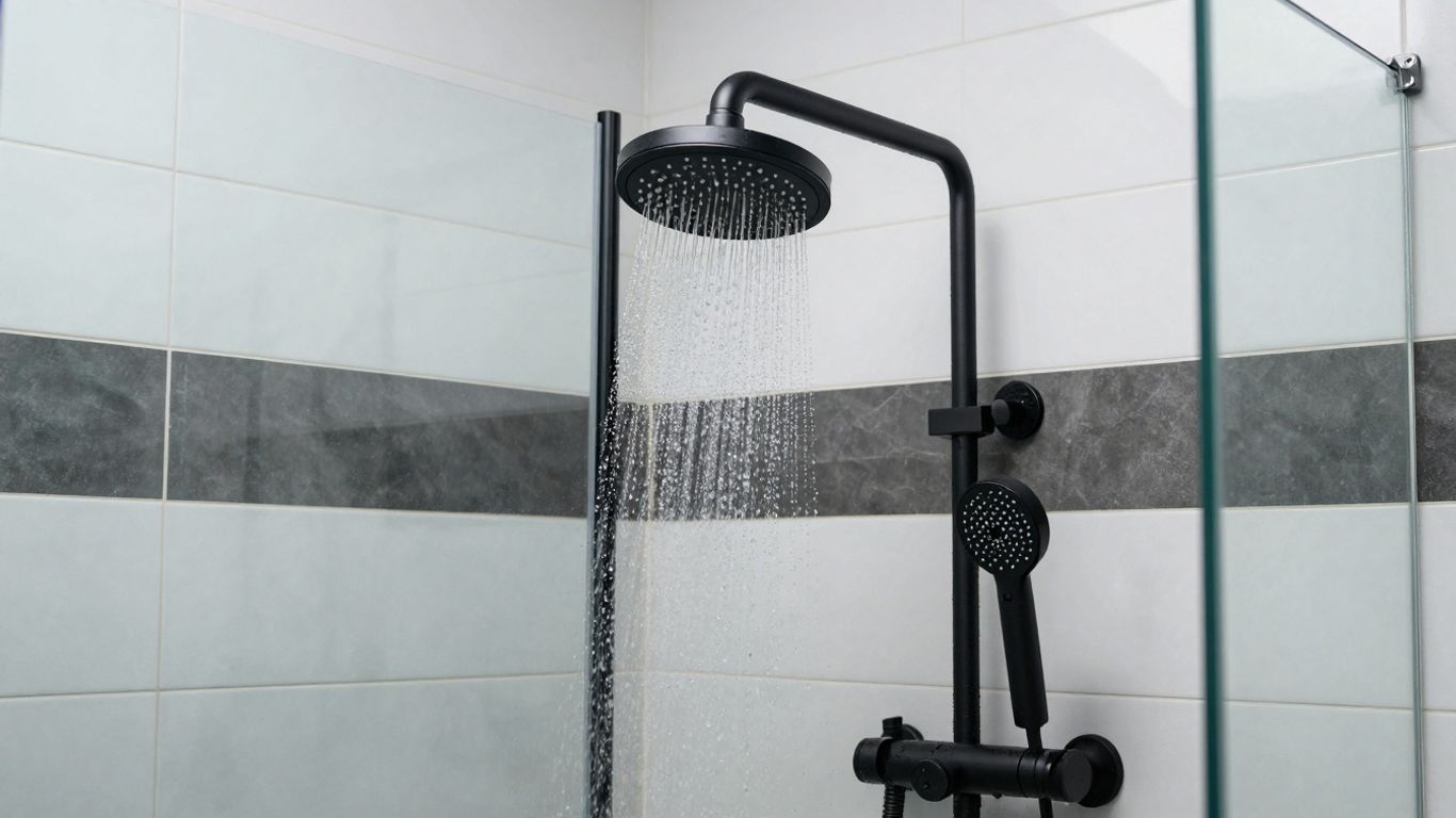Modern black shower set in a stylish bathroom.
