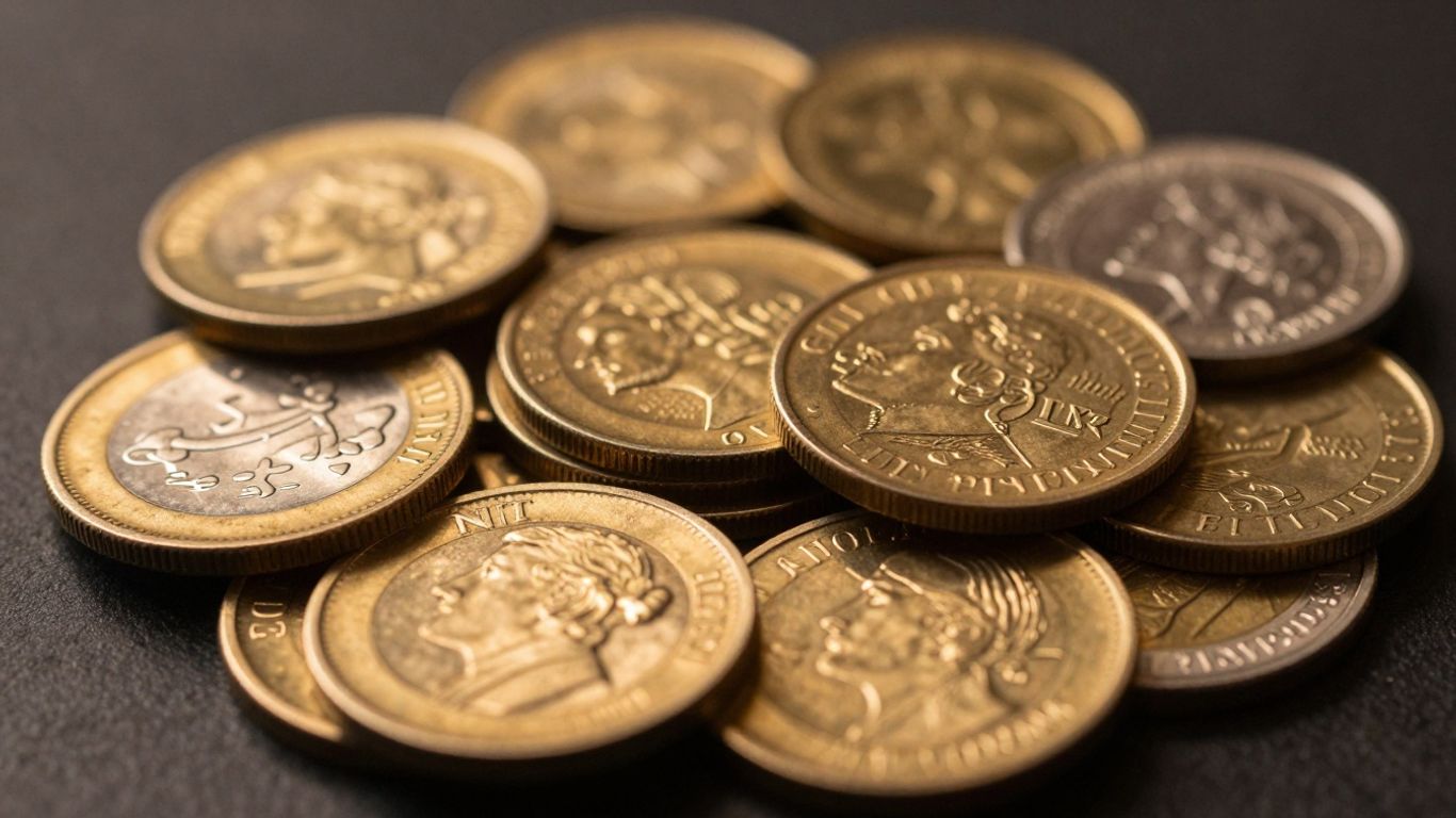 Gold and silver coins with intricate designs.