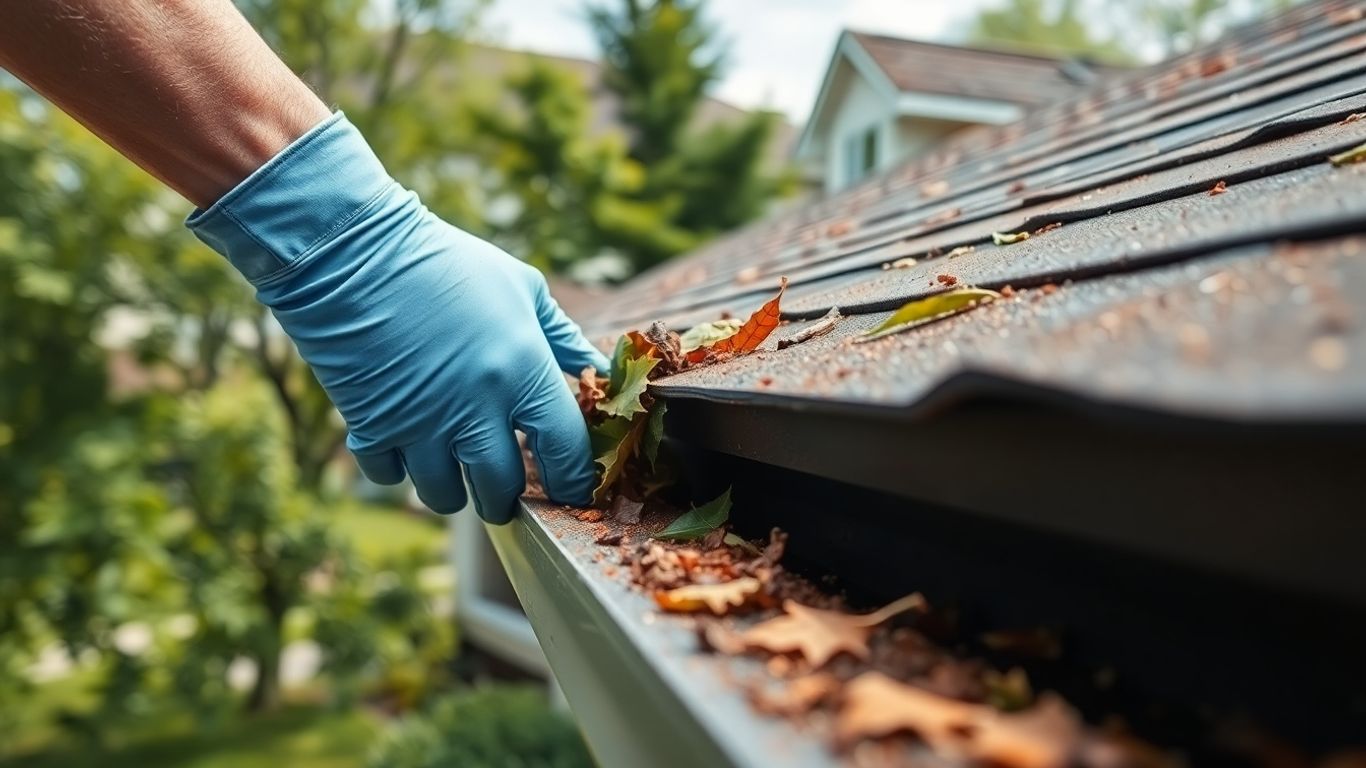 Person removing leaves from house gutter outdoors