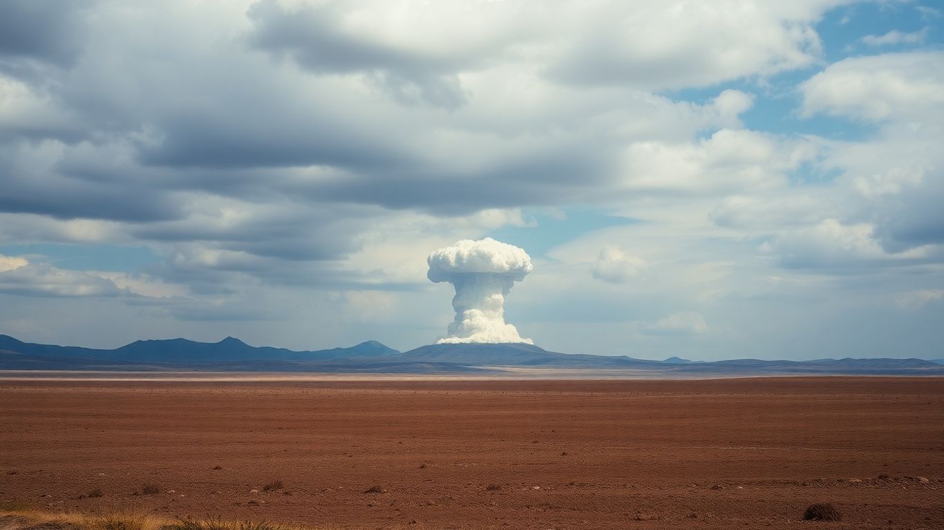 Mushroom cloud rising over a barren landscape.