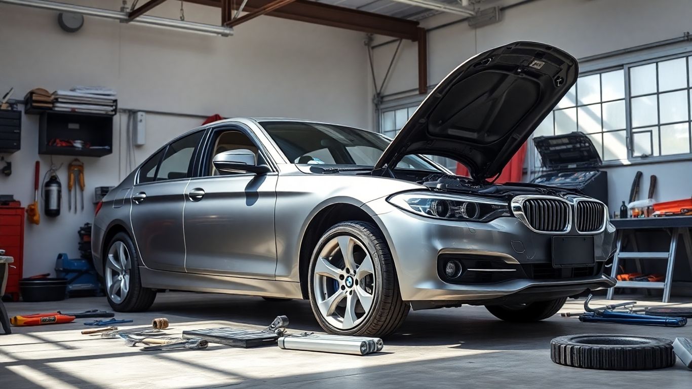 BMW car in workshop with tools