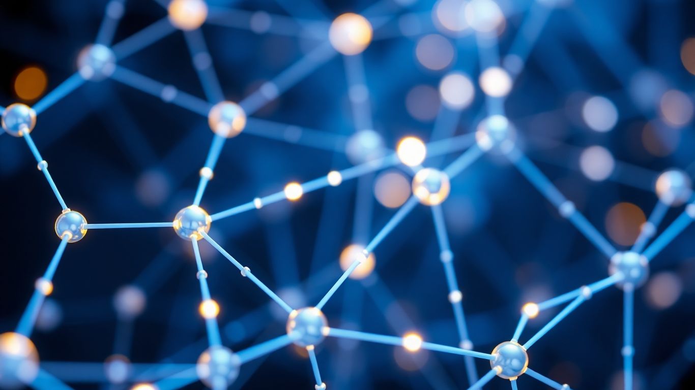 Digital network with glowing nodes and connecting lines.