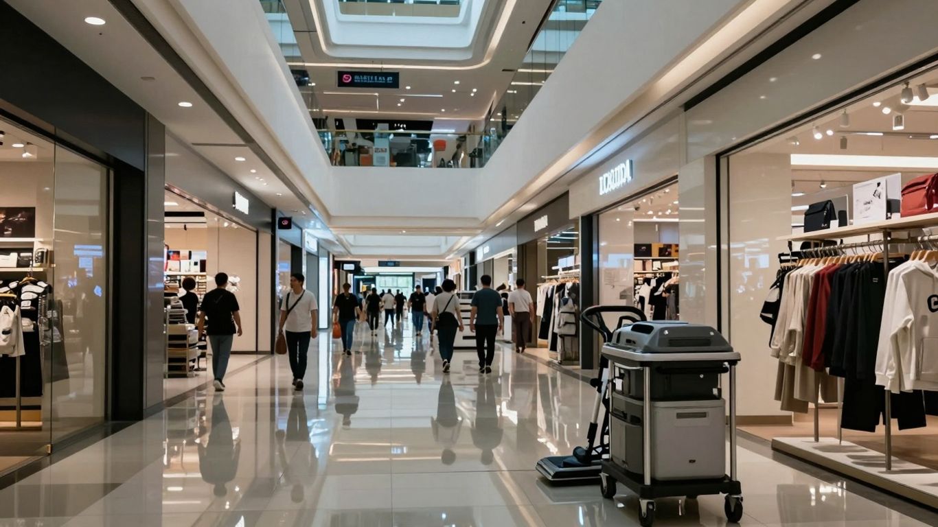 Čistý a moderný interiér obchodného domu s ľuďmi.