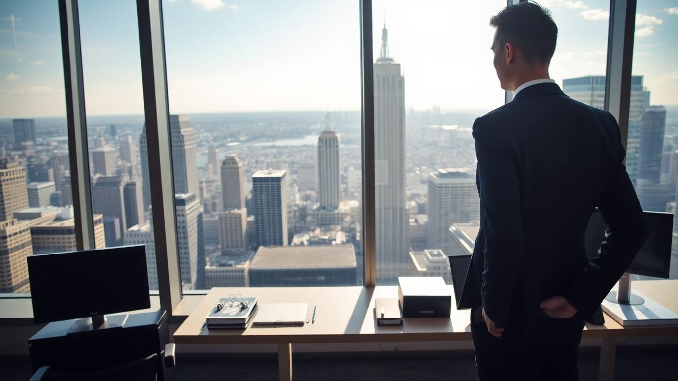 Professional overlooking city from office window