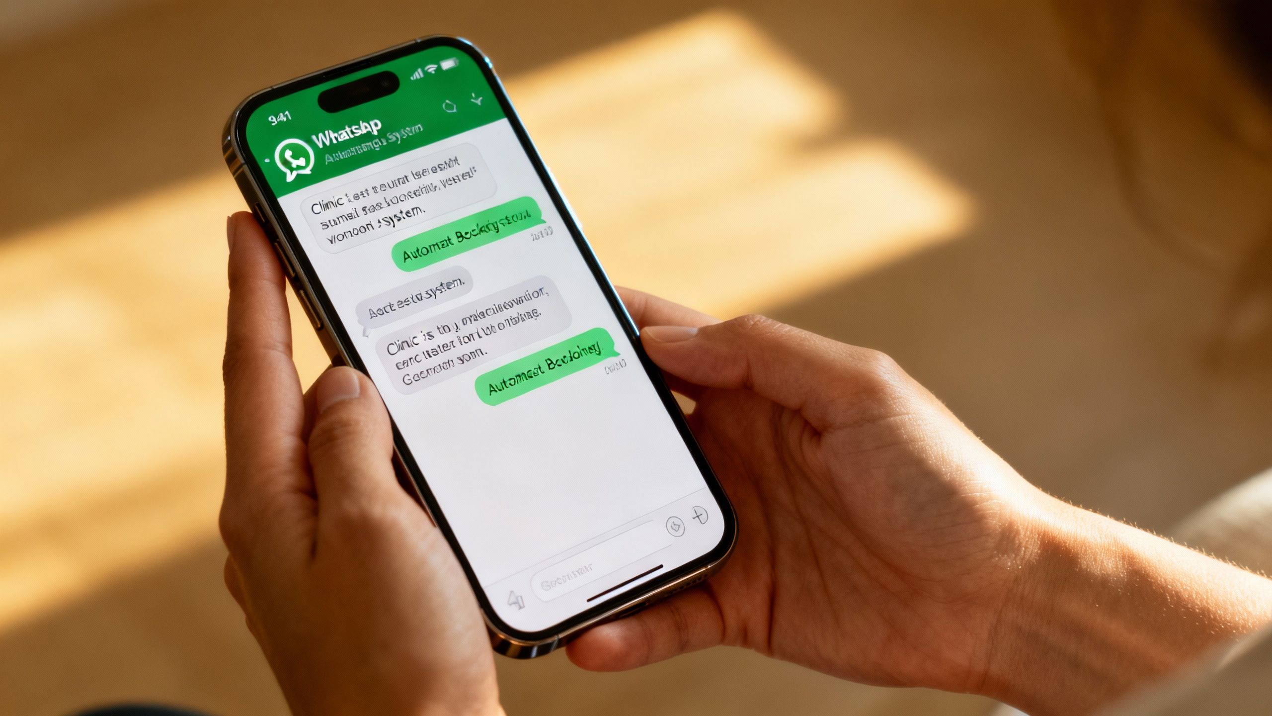 Person using WhatsApp on phone for clinic booking.